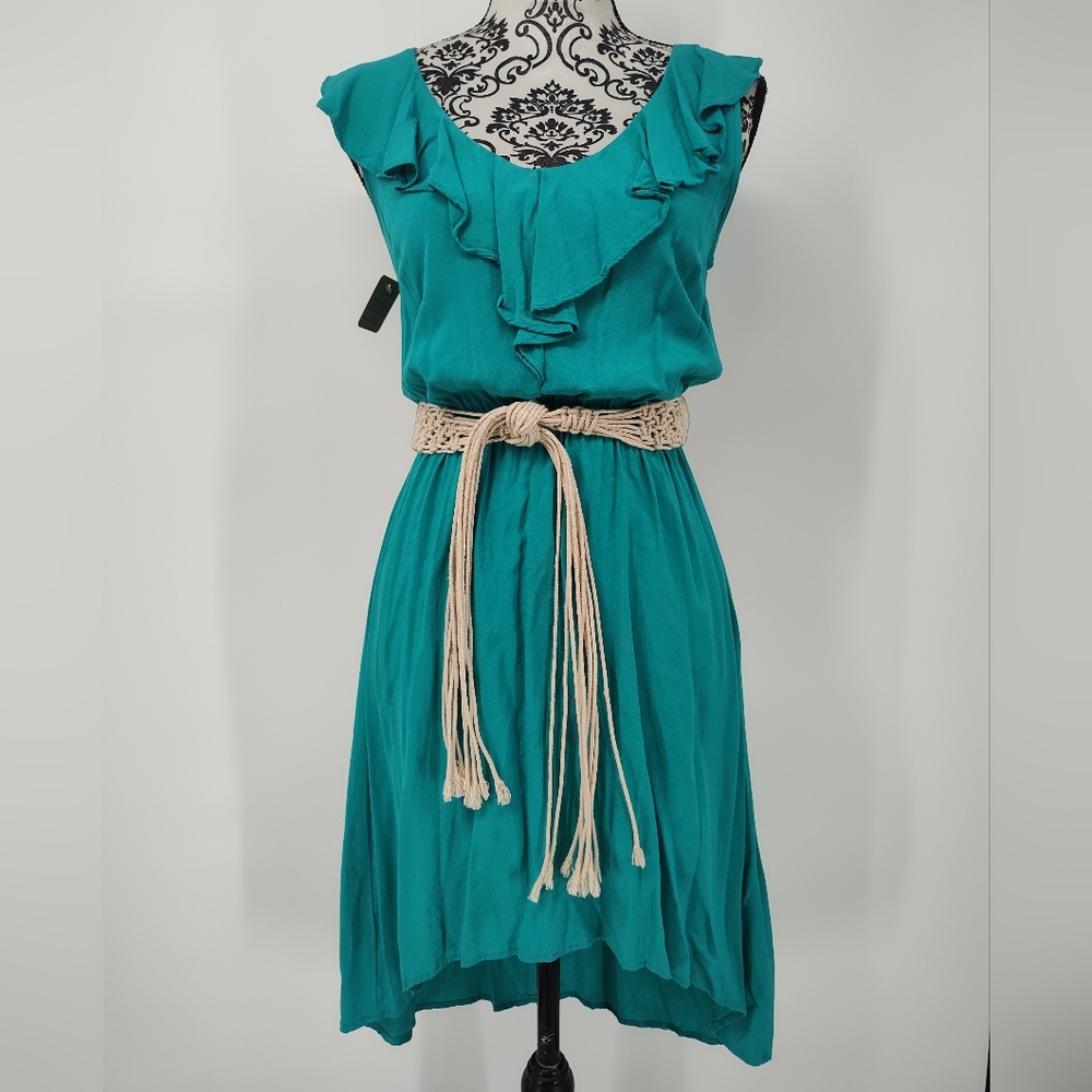 BCX Turquoise Ruffle High Low Boho Midi Dress with Woven Belt Size Women's Small